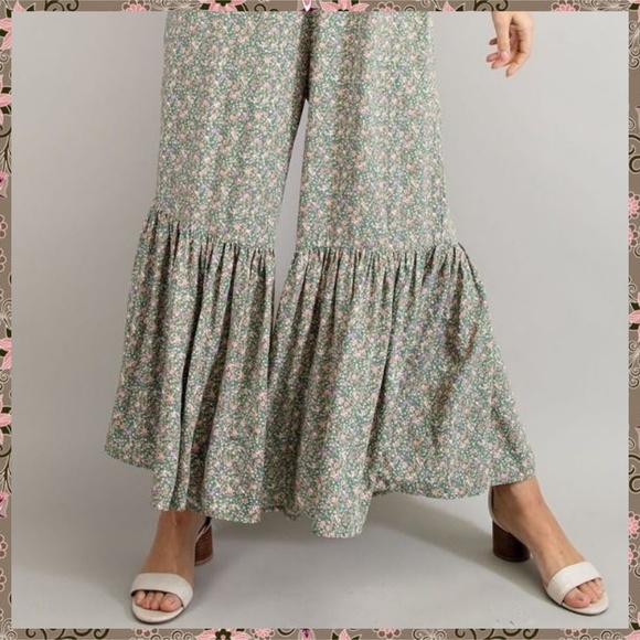 EASEL Smocked Sleeveless Lightweight Ultra Wide Leg Ruffled Hem Jumpsuit Romper - Picture 14 of 14